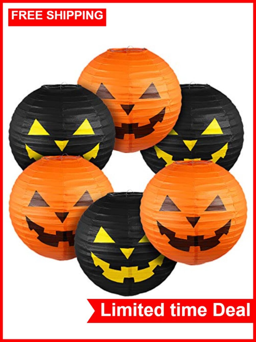 Set of 6 Halloween Paper Lanterns Pumpkin Jack-O'-Lantern Hanging Decorations